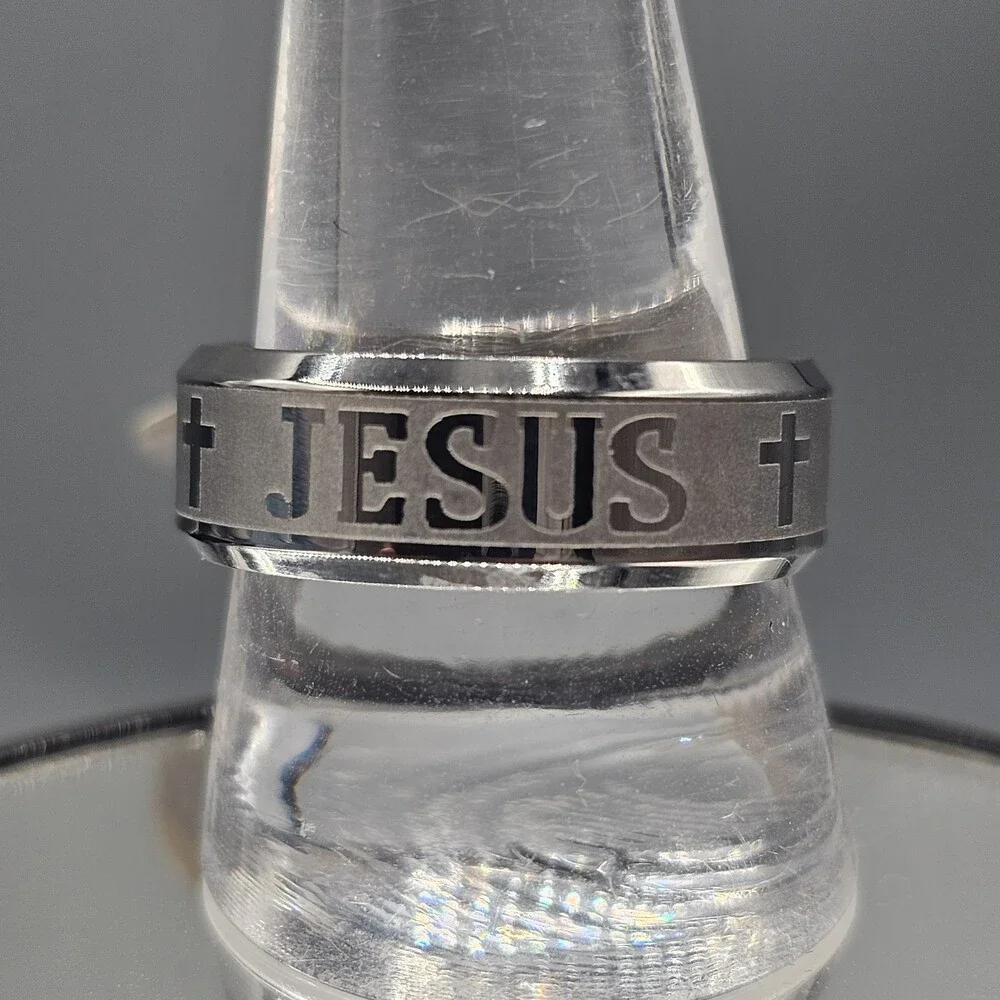 Jesus Mens Ring Silver Tone Size 11 Stainless Steel Cross Religious Christian
